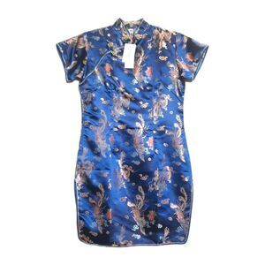 Blue Faux Silk Brocade Cheongsam Qipao Mini Dress Dragon Phoenix Embroidery XL